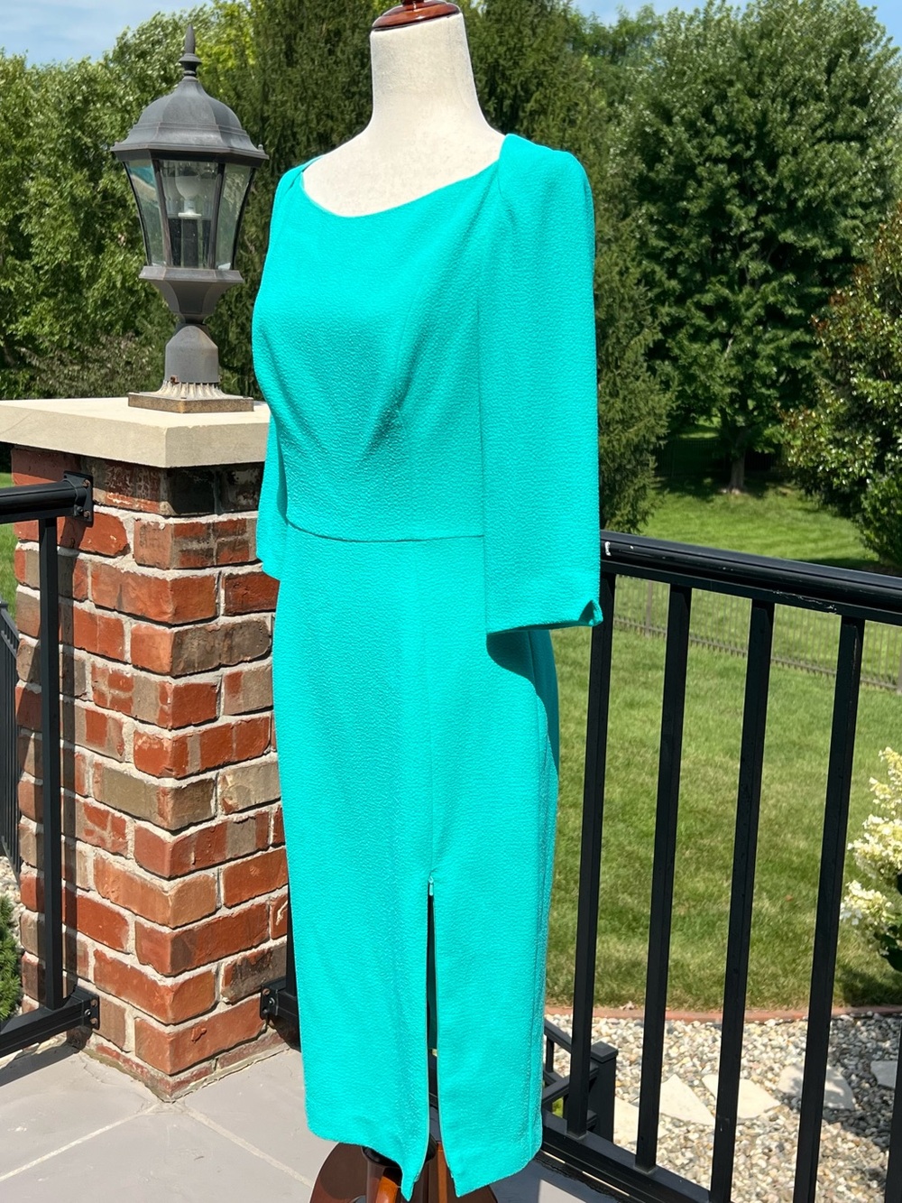Black Halo Turquoise Teal Sheath Dress 3/4 Sleeve Career Cocktail Dress - Picture 7 of 16